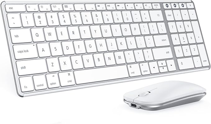 Wireless Bluetooth Keyboard and Mouse for Mac, Multi-Device Rechargeable Keyboard and Mouse Stainless Steel Full Size, Compatible with MacBook Pro/Air, iPad, iMac - White Silver