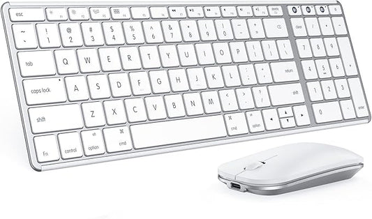 Wireless Bluetooth Keyboard and Mouse for Mac, Multi-Device Rechargeable Keyboard and Mouse Stainless Steel Full Size, Compatible with MacBook Pro/Air, iPad, iMac - White Silver