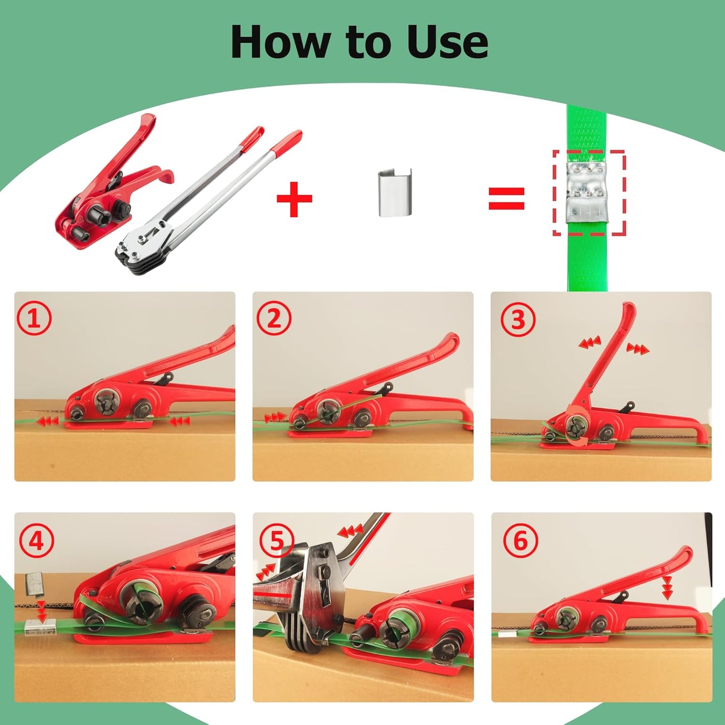 Pallet Packaging Banding Strapping Kit with Heavy Duty Strapping Tensioner Tool, Banding Sealer Tool, 5/8" x 200' Polyester Strapping Roll, 100 Metal Seals, 100 Plastic Packaging Corner(Red)