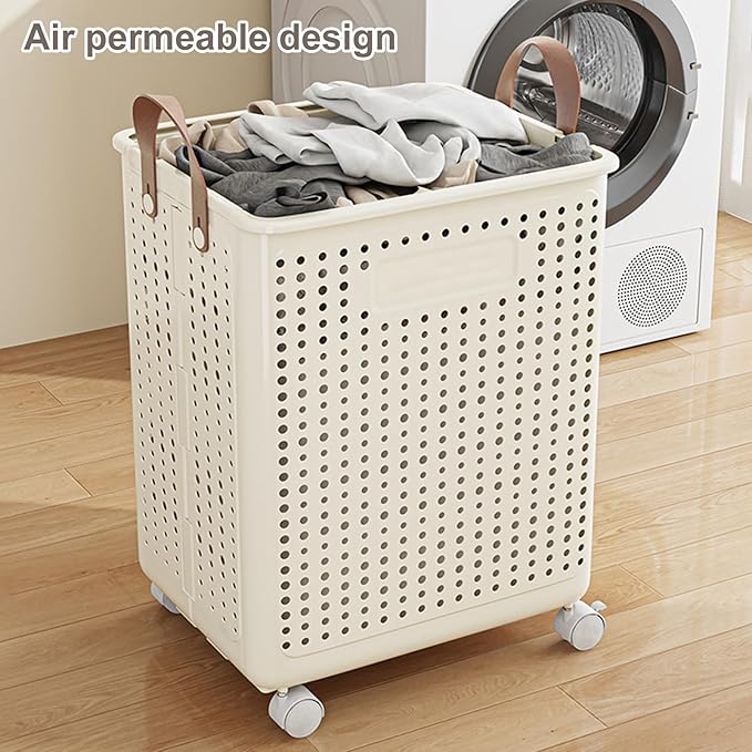 Collapsible Laundry Basket on Wheels for Children's Room, Rolling Laundry Hamper with Handles, Slim White Plastic Foldable Washing Basket for Laundry Clothes