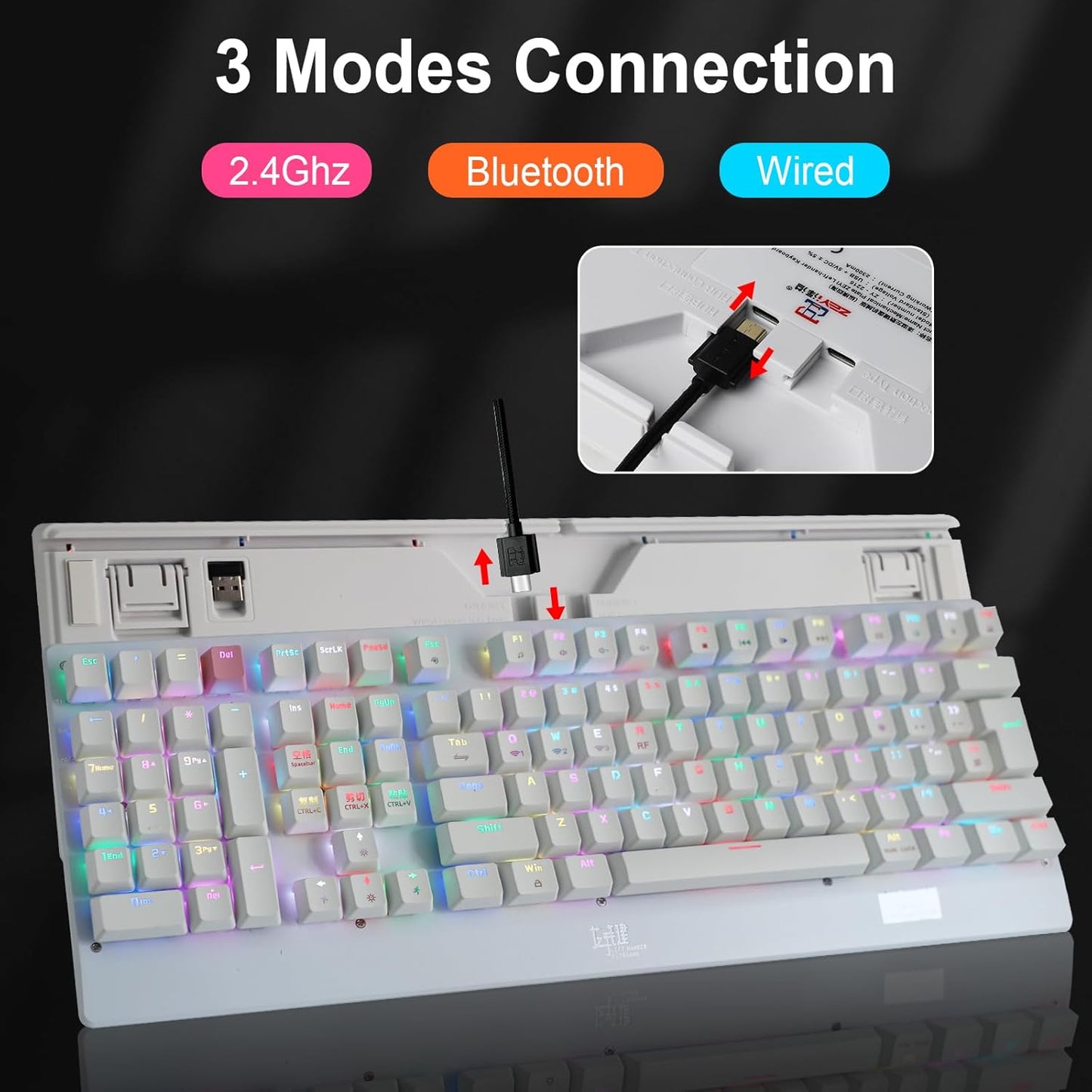 OPEN BOX ZY-2218 Left Handed Keyboard, Bluetooth/2.4Ghz/USB-C Mechanical Keyboard RGB Backlit Full Size, 111 Keys for Business Accounting Compatible for Windows/Mac White