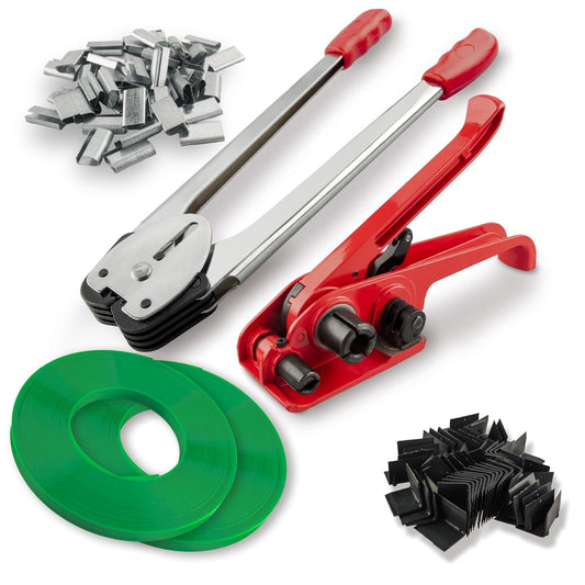 Pallet Packaging Banding Strapping Kit with Heavy Duty Strapping Tensioner Tool, Banding Sealer Tool, 5/8" x 200' Polyester Strapping Roll, 100 Metal Seals, 100 Plastic Packaging Corner(Red)