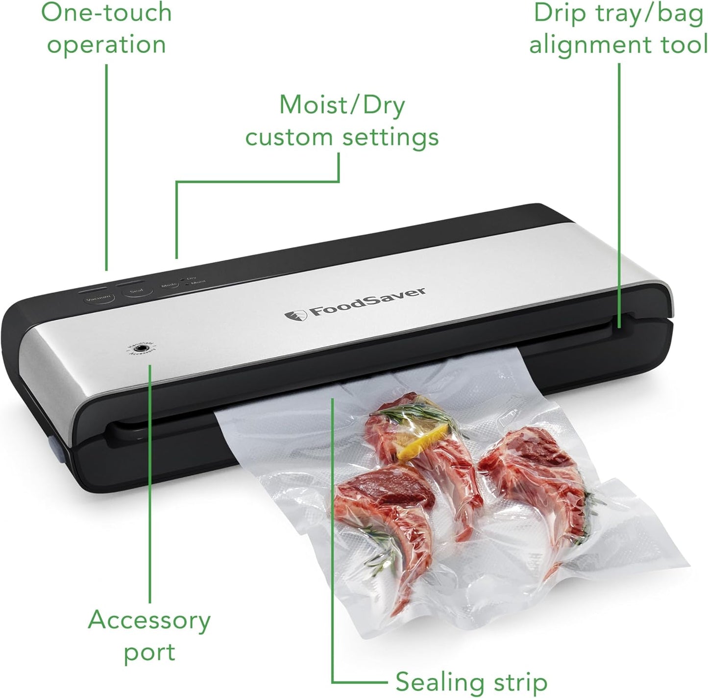 FoodSaver PowerVac Compact Vacuum Sealing Machine, Stainless Steel & Black, Vertical Storage, VS0150 | Preserves freshness, reduces bag waste, for both dry and wet food