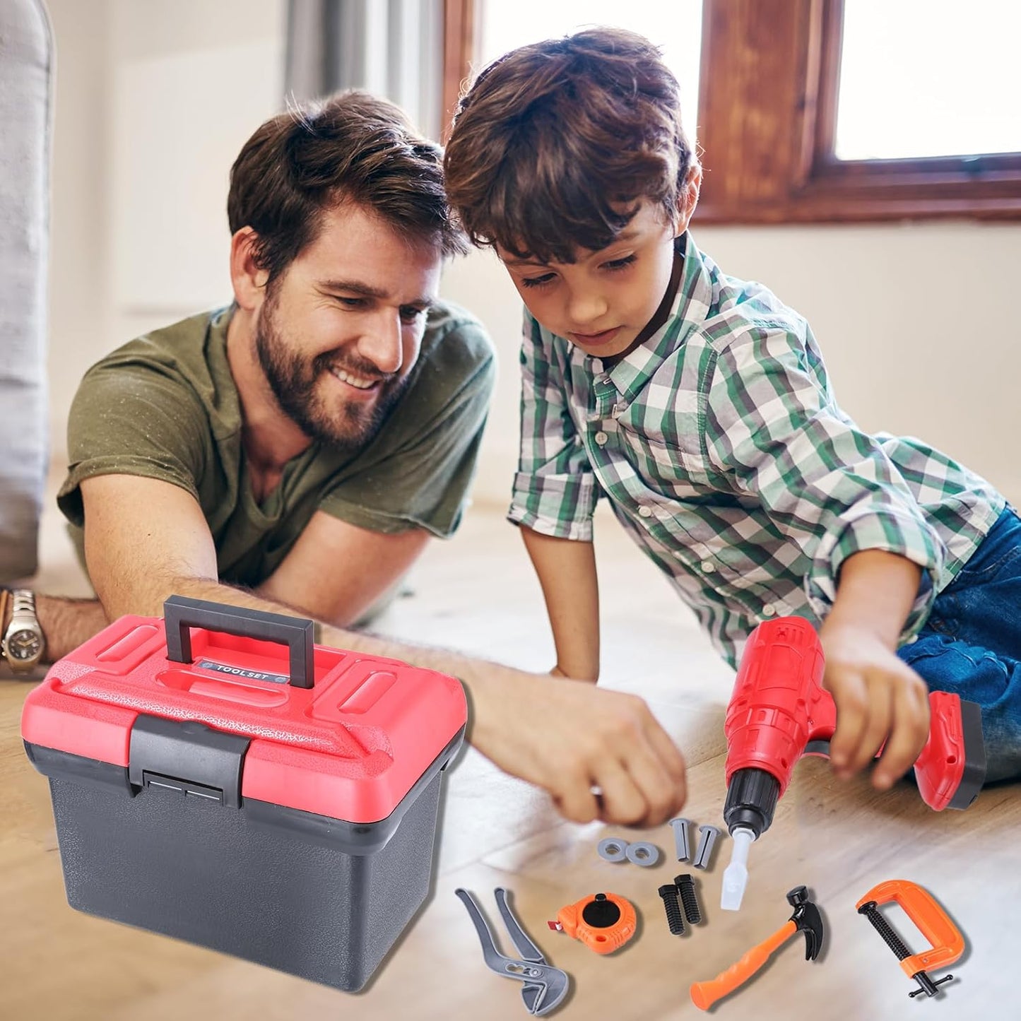 Kids Tool Set, 70 pcs Toddler Tool Set with Tool Box and Electronic Toy Drill, Pretend Play Kids Construction Kits with Clothes and Safety Hat,Toy Tool Box for Kids Boy Girl Age 3-8