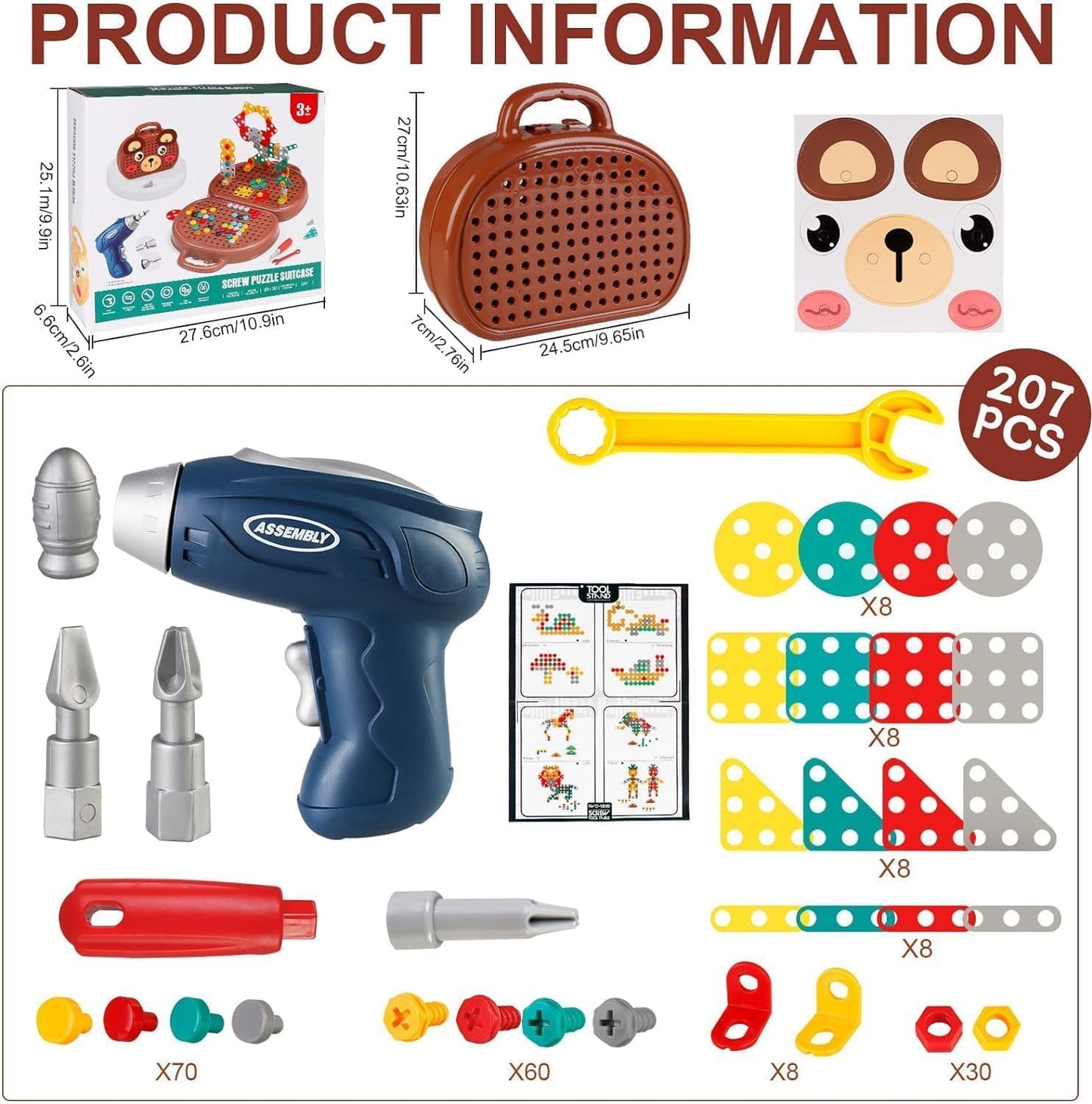 Magic Montessori Play Toolbox with Drill, 203Pcs Magic Montessori Play Toolbox Bear-Themed, 2D/3D Creativity Tool Box Montessori Toys Gift for Age 3-12 Years Old  Kids, Boys, Girls