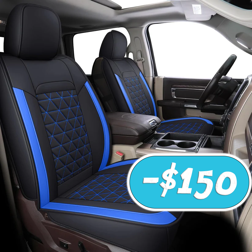 Coverado Car Seat Covers Full Set, Leather RAM 1500 Seat Covers Protectors Compatible with 2002-2024 Dodge RAM 1500 2500 3500 Crew Double Mega Quad Cab with Flat Bench, Blue