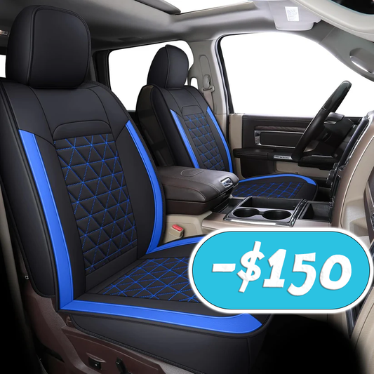 Coverado Car Seat Covers Full Set, Leather RAM 1500 Seat Covers Protectors Compatible with 2002-2024 Dodge RAM 1500 2500 3500 Crew Double Mega Quad Cab with Flat Bench, Blue