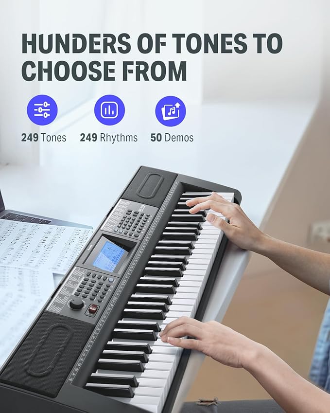 Donner 61 Key Keyboard Piano, Electric Piano Keyboard Kit with 249 Voices, 249 Rhythms - Includes Piano Stand, Stool, Microphone, Gift for Beginners, Black