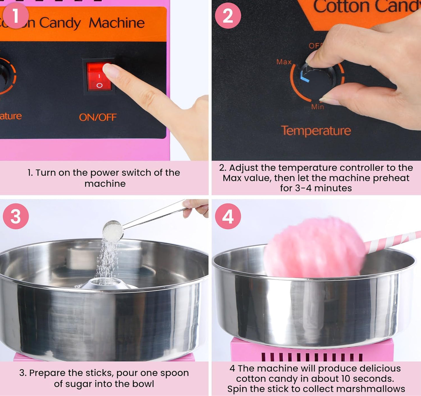Cotton Candy Machine Commercial, 1000W Cotton Candy Maker Machine, Candy Floss Maker, with Stainless Steel Bowl, Sugar Scoop,Anti-Rust Coating, for Family Party, Kids Birthday Pink