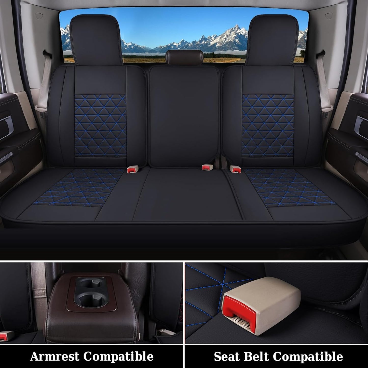 Coverado Car Seat Covers Full Set, Leather RAM 1500 Seat Covers Protectors Compatible with 2002-2024 Dodge RAM 1500 2500 3500 Crew Double Mega Quad Cab with Flat Bench, Blue