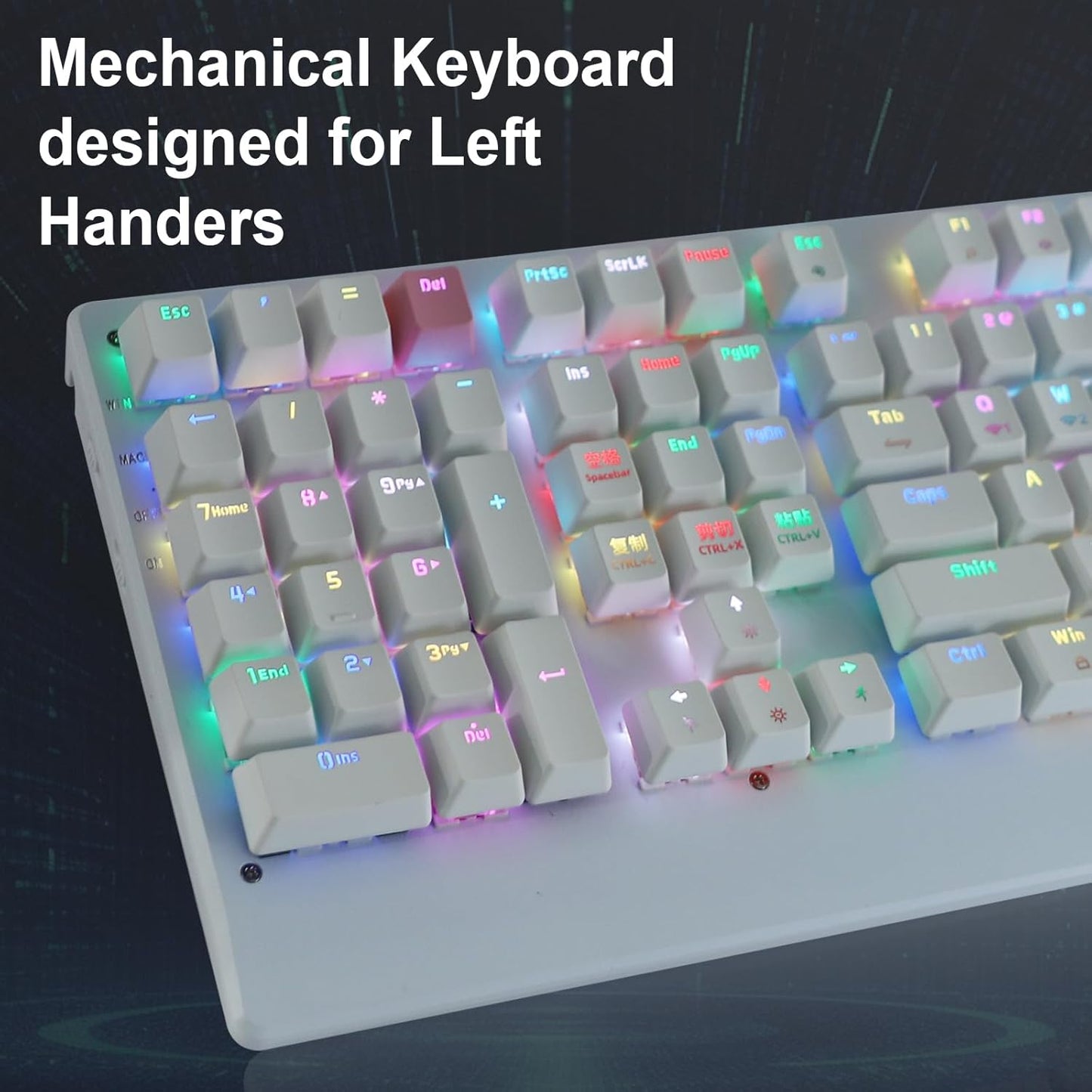 OPEN BOX ZY-2218 Left Handed Keyboard, Bluetooth/2.4Ghz/USB-C Mechanical Keyboard RGB Backlit Full Size, 111 Keys for Business Accounting Compatible for Windows/Mac White