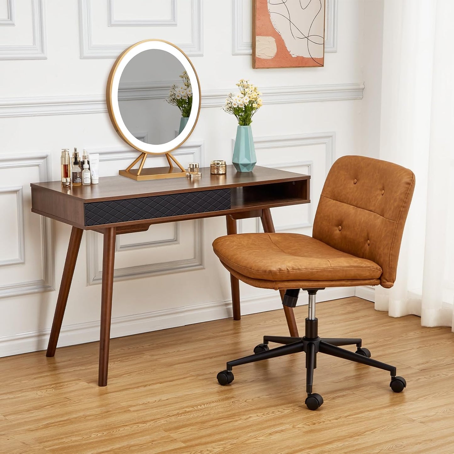 Criss Cross Chair, GarveeHome Cross Legged Office Chair, Armless Desk Chair with Wheels, Swivel Vanity Chair, Widen Seat, Height Adjustable, Brown