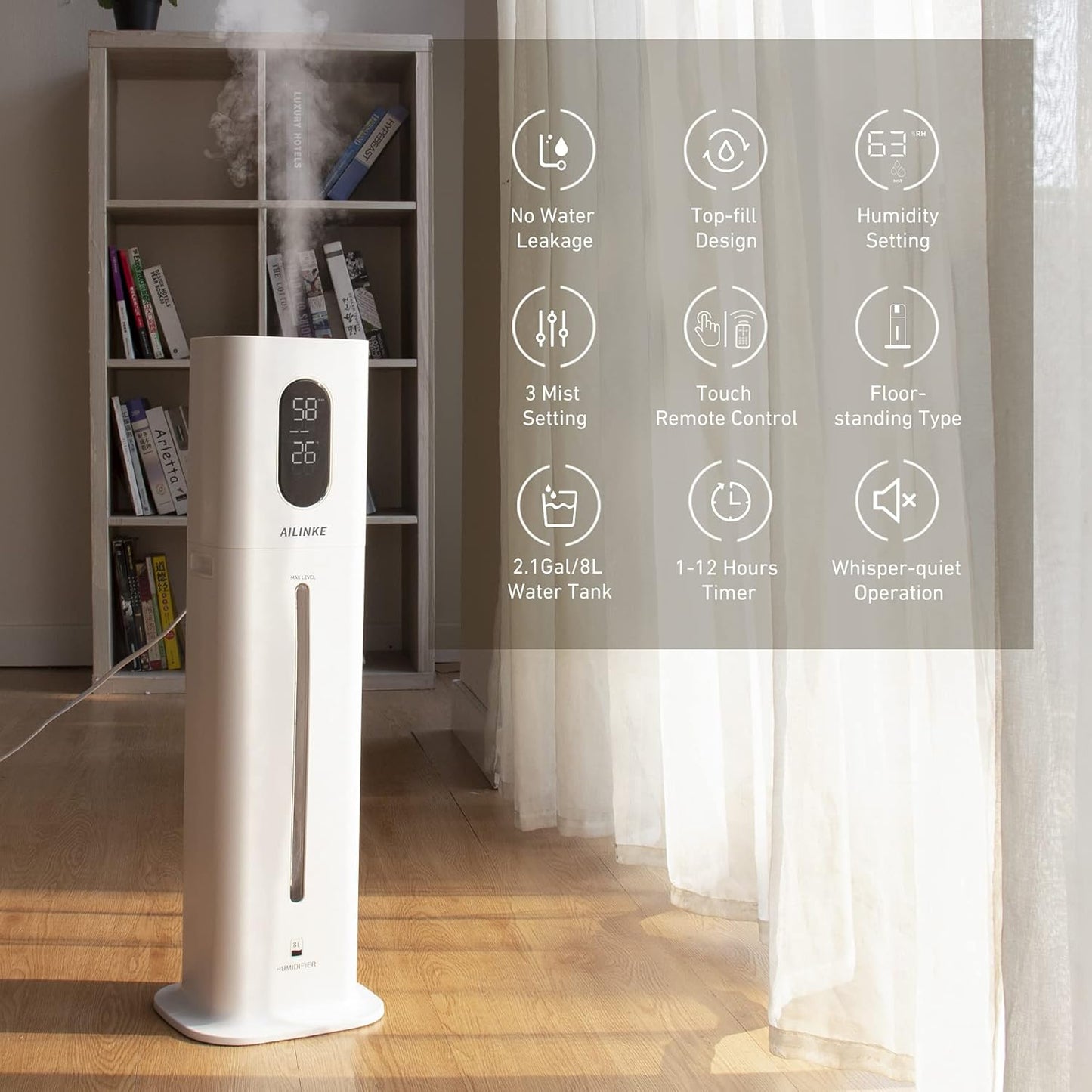 Humidifiers for Bedroom Large Room AILINKE 2.1Gal8L Humidifiers for Home Large Ultrasonic Top Fill Humidifier with 3 Speed Humidistat for Baby Kids Adults Yoga Sleep
