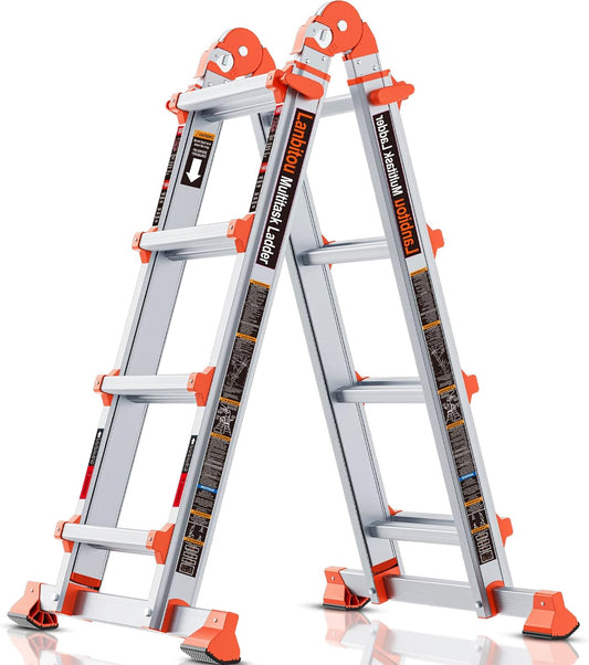 LANBITOU Ladder A Frame 4 Step Ladder Extension 14 FT Anti-Slip Multi Position & Storage Folding Ladder 330 lbs Security Load Telescoping Aluminum Ladders for Stairs Home Indoor Outdoor Roof