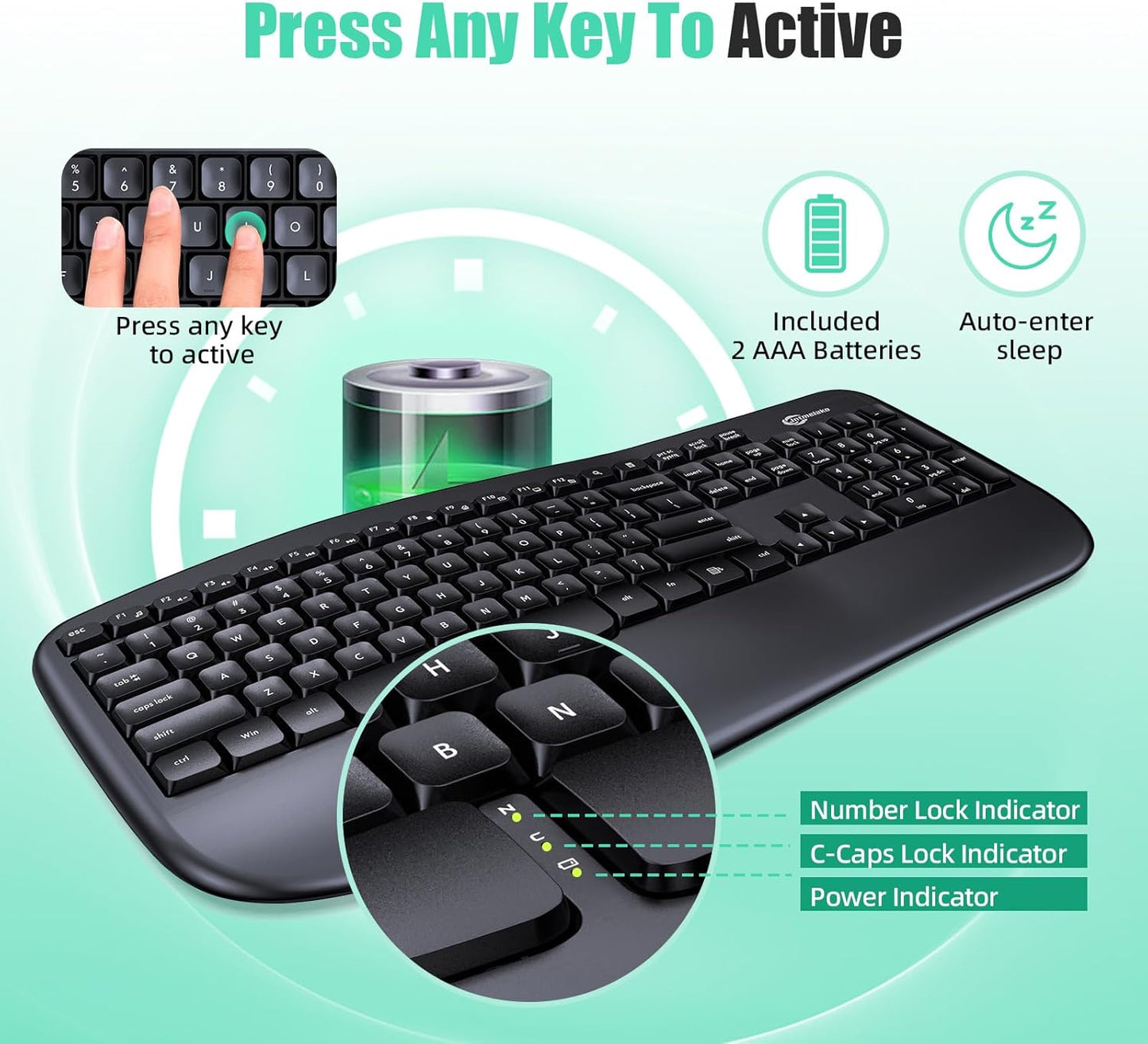 Wireless Keyboard, Ergonomic Keyboard with Wrist Rest, 2.4G Full Size Keyboard for Windows, MacOS, Desktops/Laptops