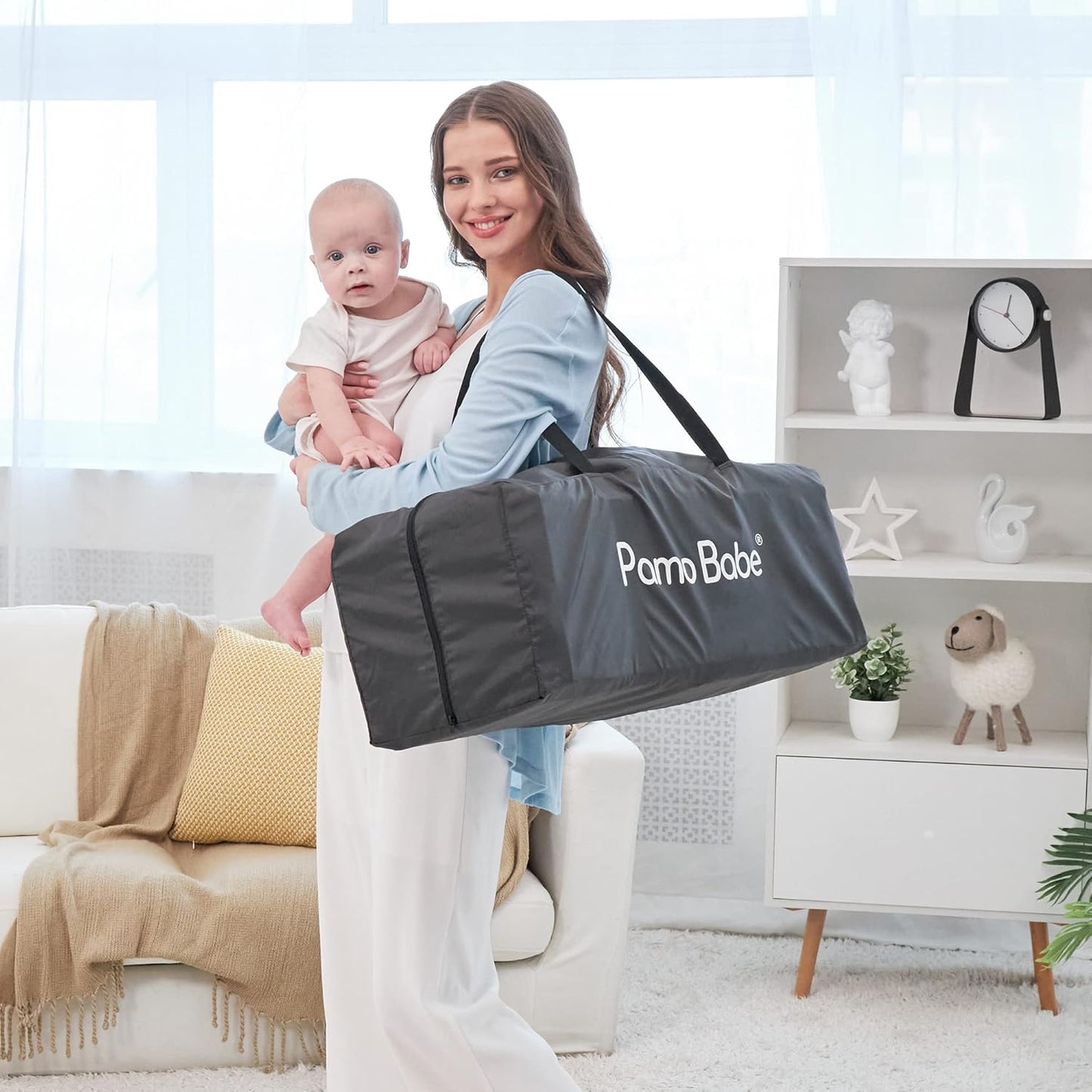 Pamo Babe Deluxe Nursery Center Foldable Playard for Baby & Toddler Bassinet Mattress Changing Table for Newborn(Black)