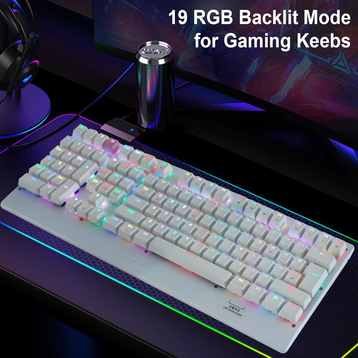OPEN BOX ZY-2218 Left Handed Keyboard, Bluetooth/2.4Ghz/USB-C Mechanical Keyboard RGB Backlit Full Size, 111 Keys for Business Accounting Compatible for Windows/Mac White