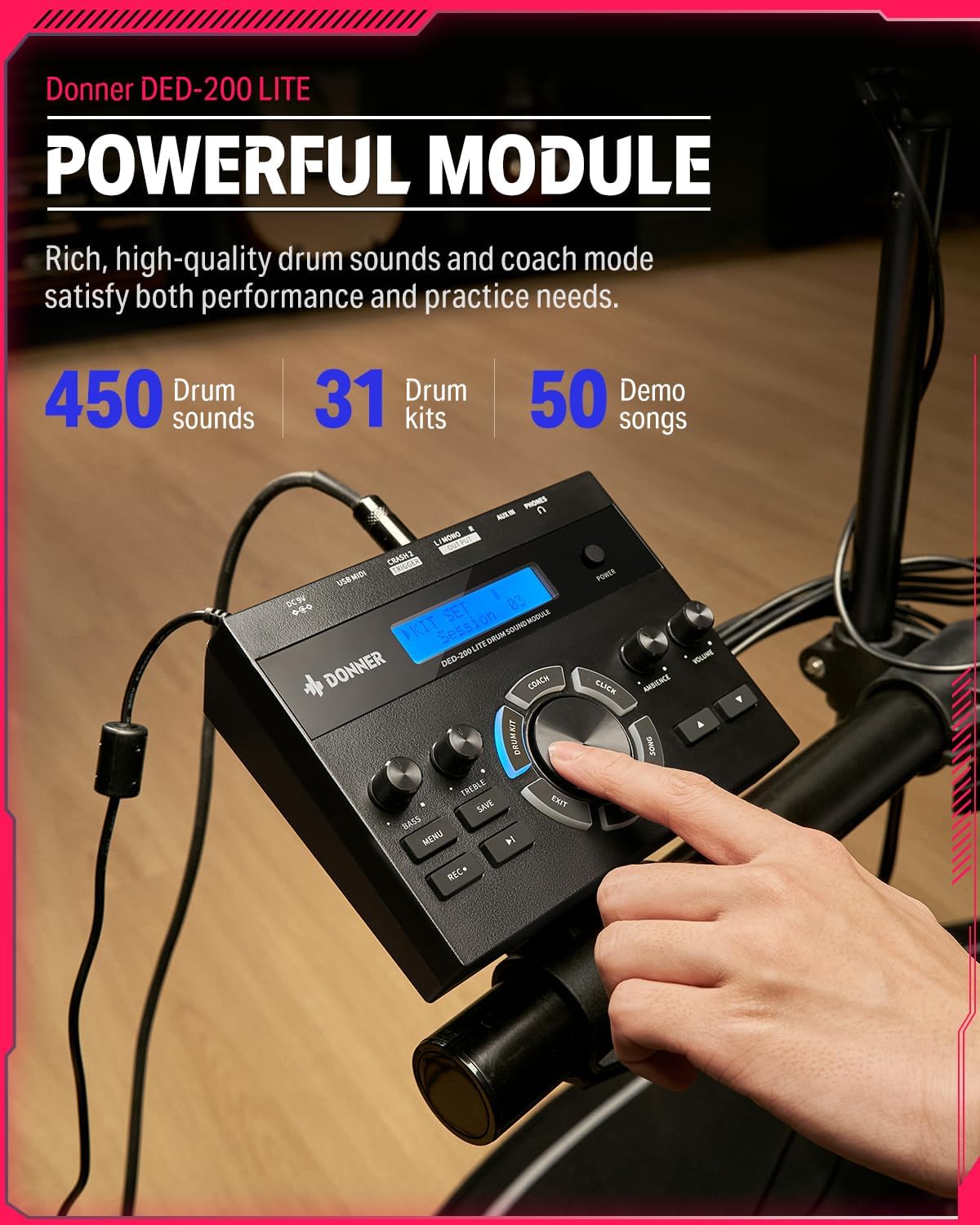 Electric Drums Donner DED-200 LITE Electronic Drum Kit for Beginner with 450 Sounds USB MIDI Quiet Mesh Pads Throne Headphones Sticks and 40 Melodics Lessons