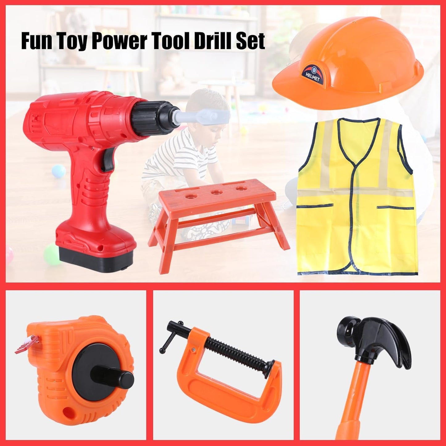 Kids Tool Set, 70 pcs Toddler Tool Set with Tool Box and Electronic Toy Drill, Pretend Play Kids Construction Kits with Clothes and Safety Hat,Toy Tool Box for Kids Boy Girl Age 3-8