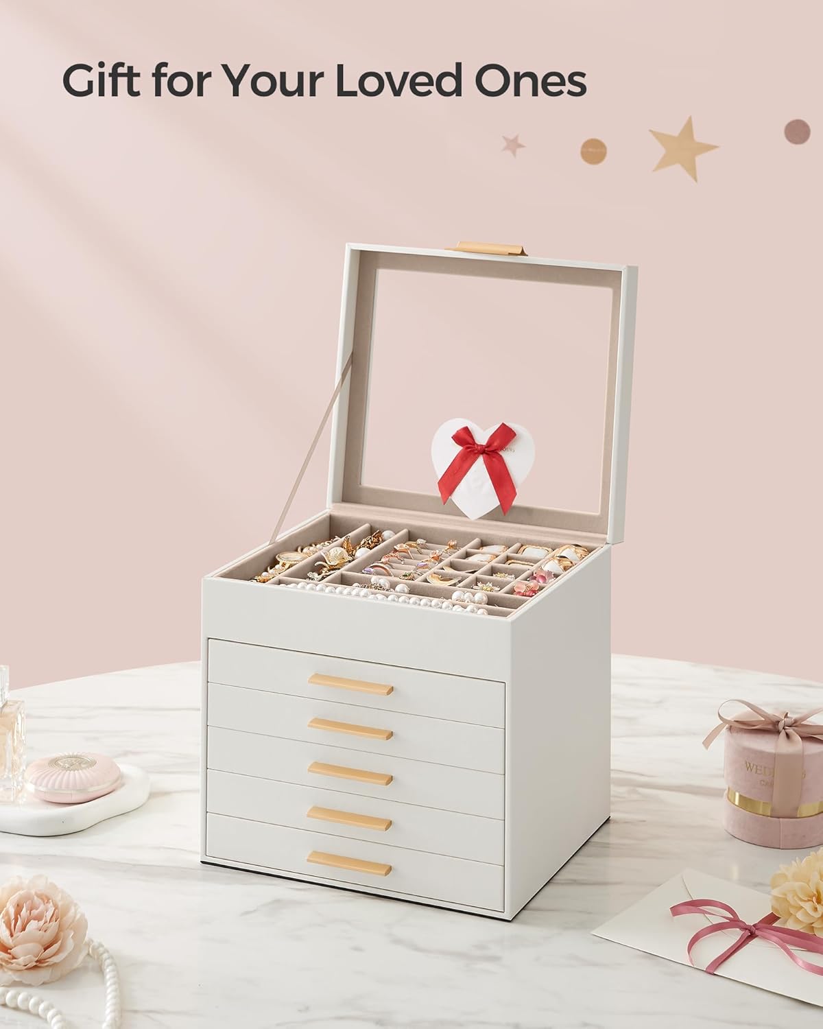 SONGMICS Jewelry Box with Glass Lid, 6-Layer Jewelry Organizer, 5 Drawers, for Big and Small Jewelry, Jewelry Storage, Modern Style, 8 x 9.1 x 9 Inches, Cloud White and Gold Color UJBC176W01