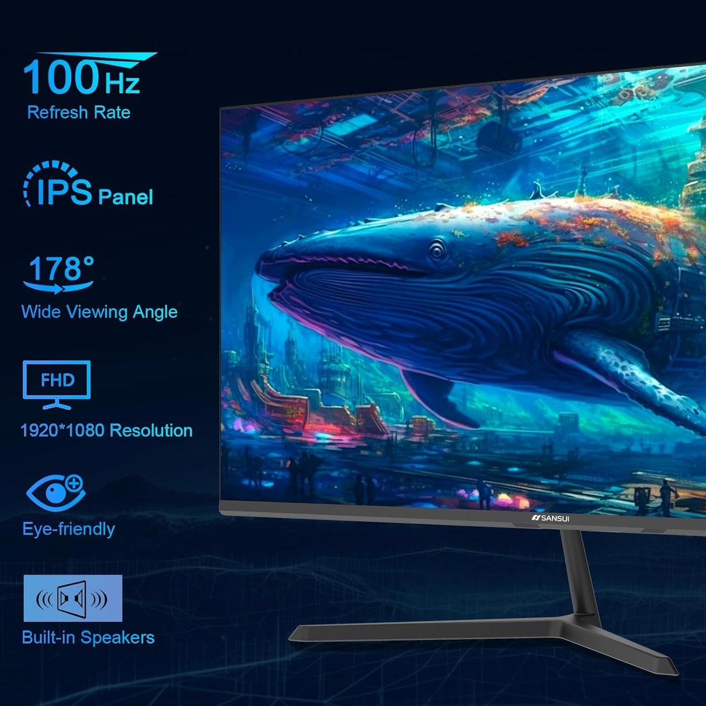 SANSUI Monitor 27 Inch IPS 100Hz Computer Monitor Built-in Speakers FHD 1080P HDR Adaptive Sync Tilt Adjustable Frameless VESA Compatible for Office and Home (ES-27X3L)