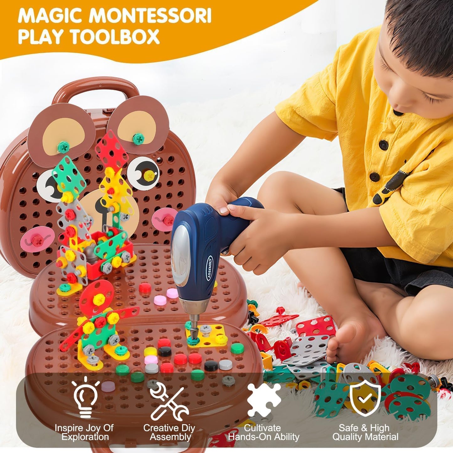 Magic Montessori Play Toolbox with Drill, 203Pcs Magic Montessori Play Toolbox Bear-Themed, 2D/3D Creativity Tool Box Montessori Toys Gift for Age 3-12 Years Old  Kids, Boys, Girls