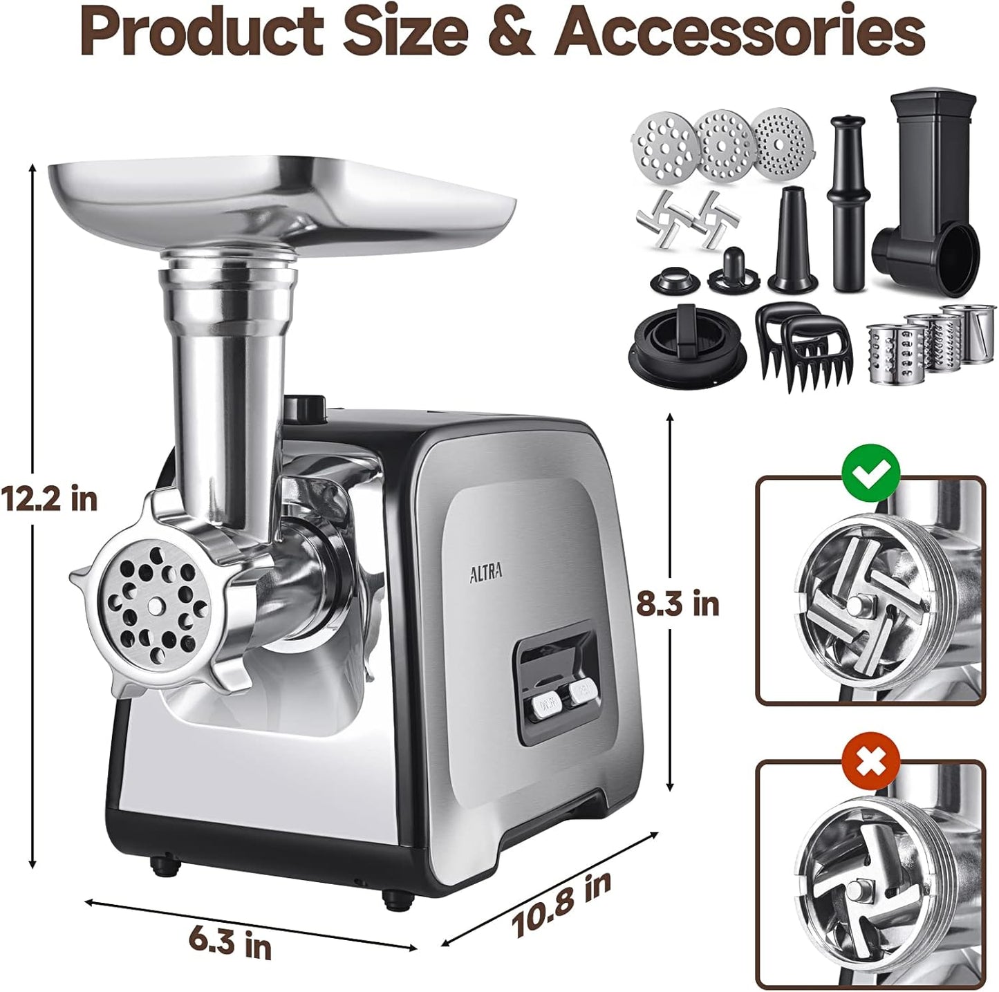 Meat Grinder, Sausage Stuffer, [2800W Max] Electric Meat Mincer with Stainless Steel Blades & 3 Grinding Plates,Sausage Maker & Kubbe Kit for Home Kitchen & Commercial Using (MG090-M)
