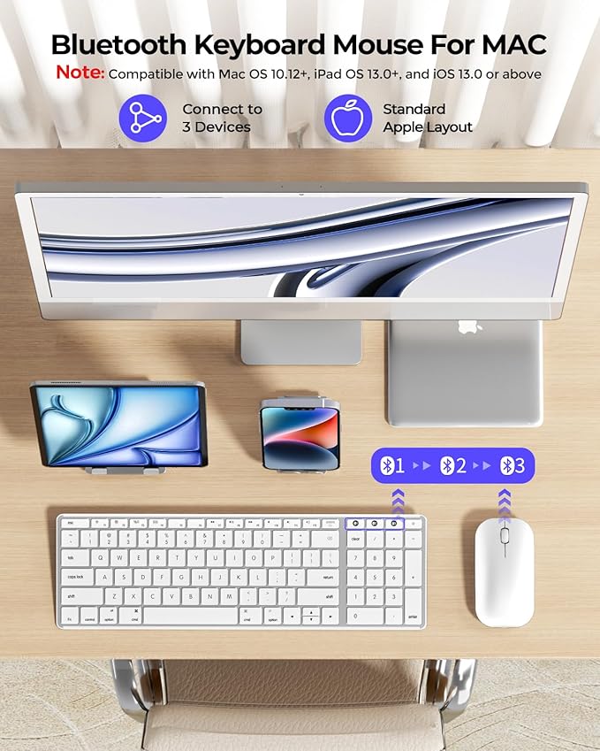 Wireless Bluetooth Keyboard and Mouse for Mac, Multi-Device Rechargeable Keyboard and Mouse Stainless Steel Full Size, Compatible with MacBook Pro/Air, iPad, iMac - White Silver