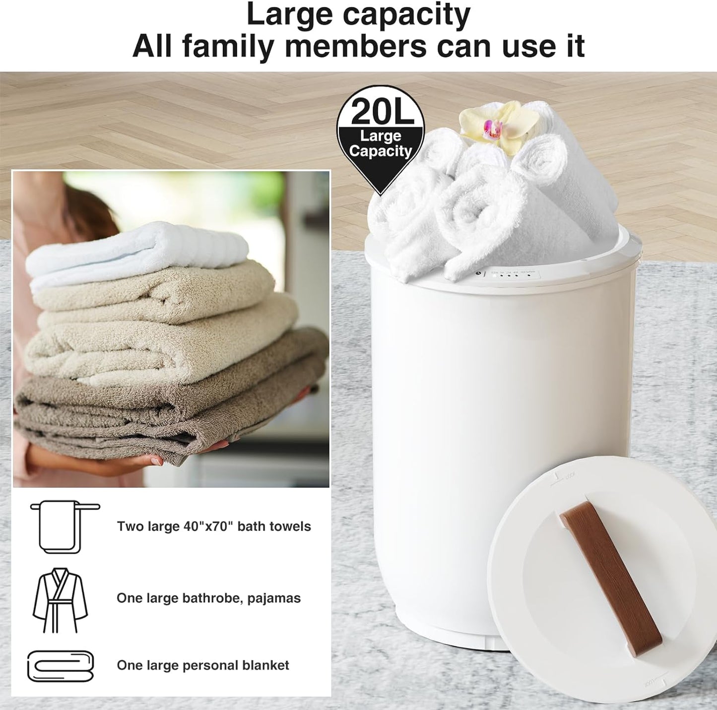 SAMEAT Heated Towel Warmers for Bathroom - Large Towel Warmer Bucket, Wood Handle, Auto Shut Off, Fits Up to Two 40"X70" Oversized Towels, Best Ideals