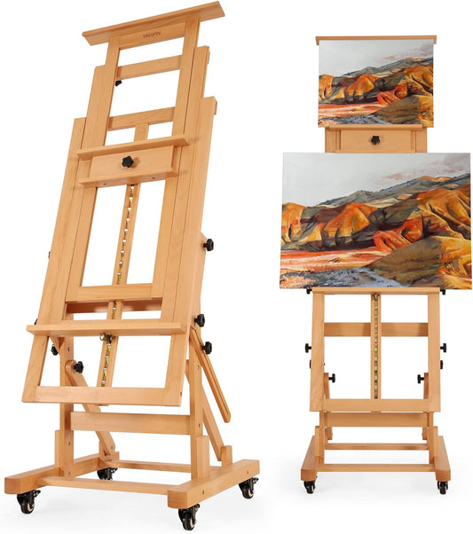VISWIN Extra-Large Master H Frame Easel, Hold 1 or 2 Canvas up to 79", Tilts Flat, Movable Solid Beech Wood Heavy Duty Floor Easel Stand for Painting, Adjustable Art Easel Stand for Adult, Artist - N