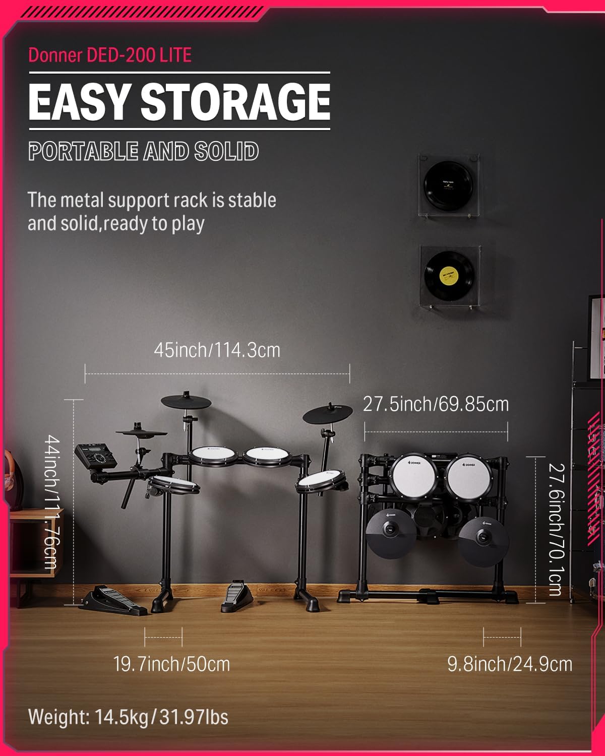 Electric Drums Donner DED-200 LITE Electronic Drum Kit for Beginner with 450 Sounds USB MIDI Quiet Mesh Pads Throne Headphones Sticks and 40 Melodics Lessons