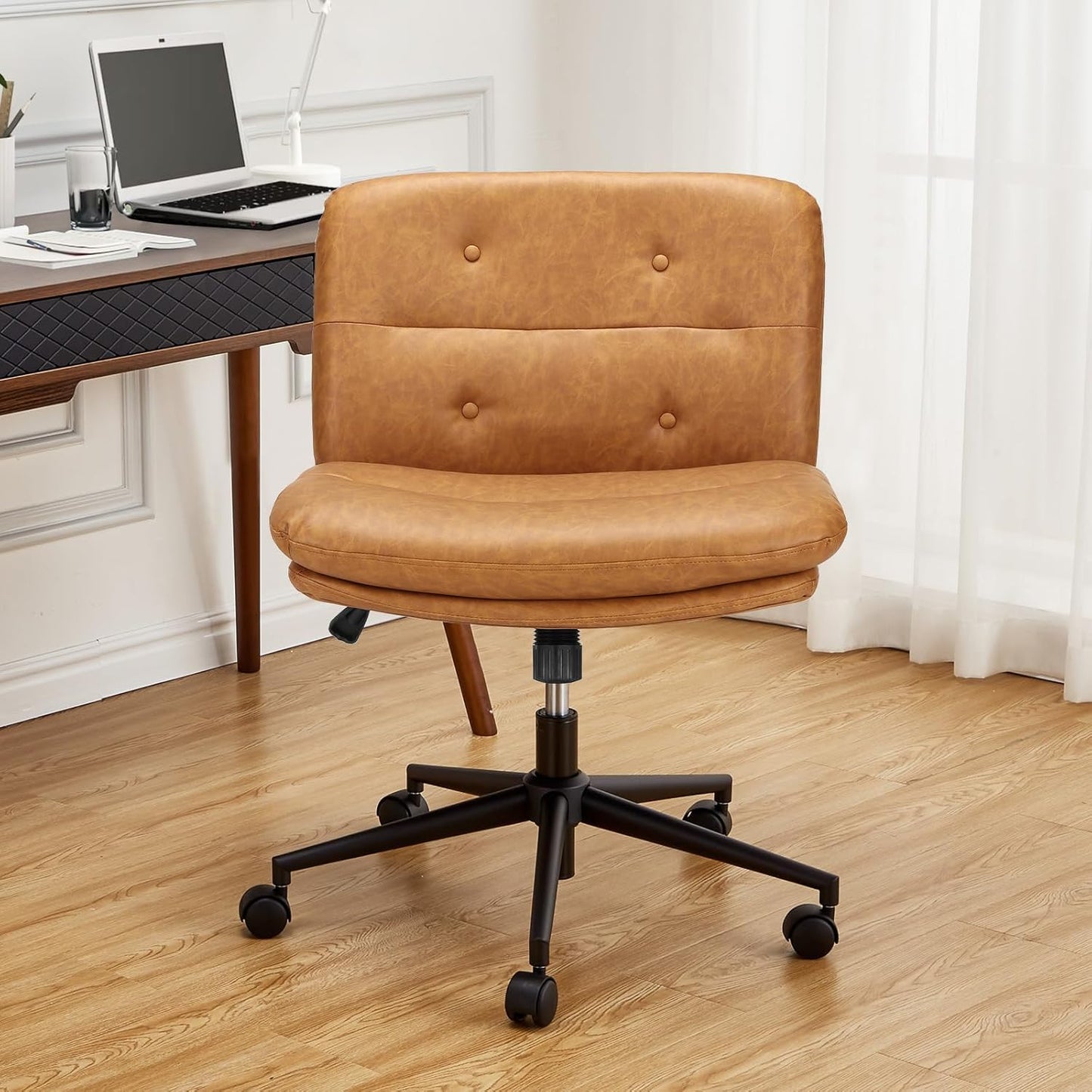Criss Cross Chair, GarveeHome Cross Legged Office Chair, Armless Desk Chair with Wheels, Swivel Vanity Chair, Widen Seat, Height Adjustable, Brown