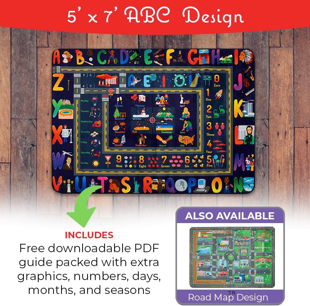 ABC Baby Play Mat Educational Alphabet Kids Rug for Nursery, Classroom, Playroom, Bedroom, Daycare Floor Playmats for Boys, Girls, Babies, Toddlers Room Decor 5' x 7'