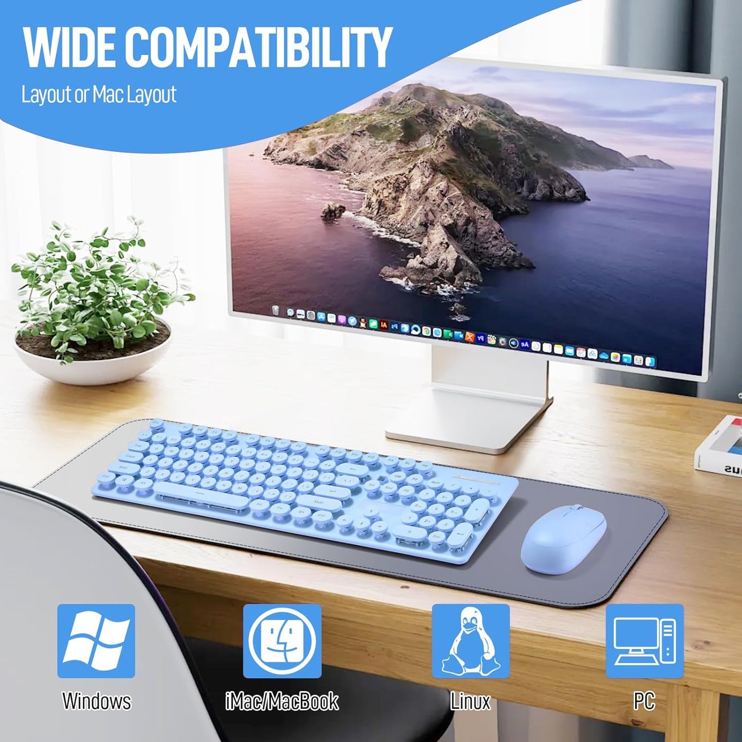 Wireless Keyboard and Mouse Combo, Full Size Compact Quiet Wireless Keyboard and Mouse Set 2.4G Ultra-Thin Sleek Design for Windows, Computer, Desktop, PC, Notebook, Laptop,Round Keys Blue