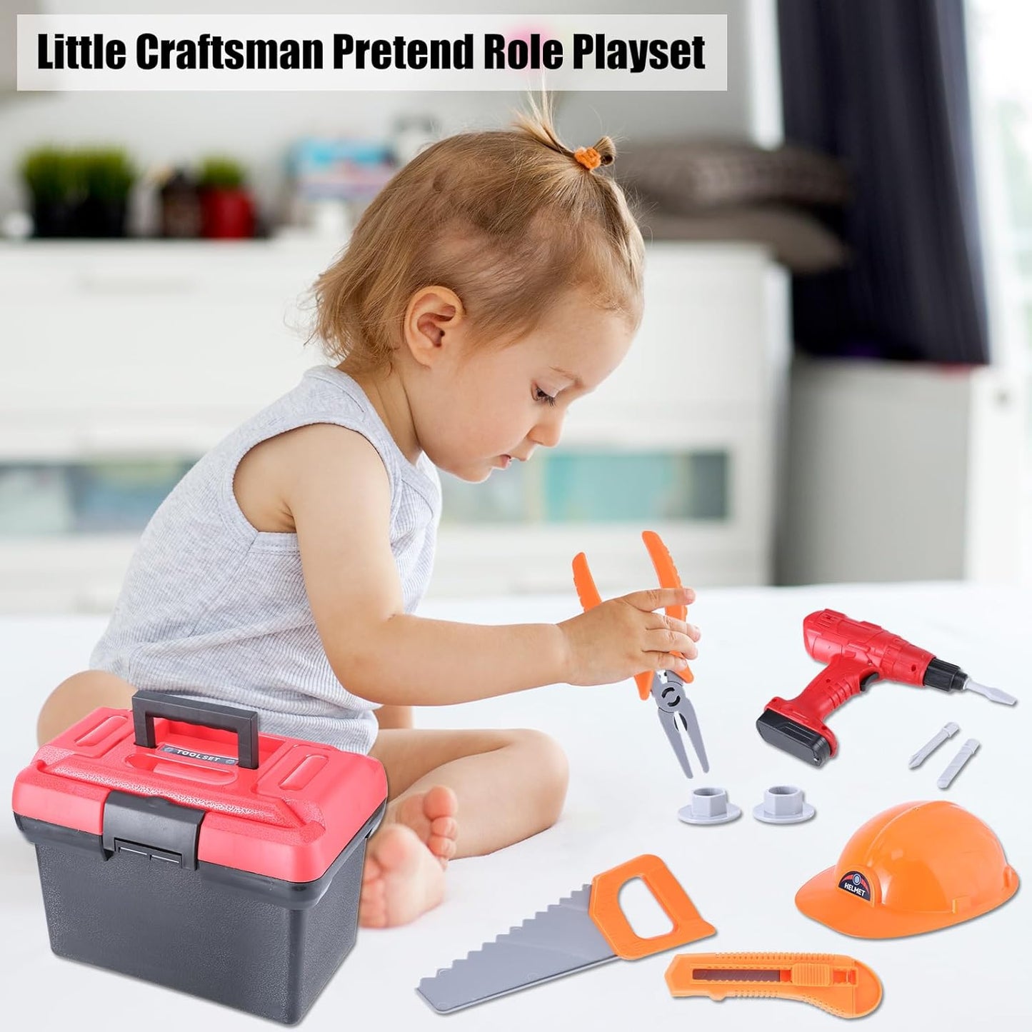 Kids Tool Set, 70 pcs Toddler Tool Set with Tool Box and Electronic Toy Drill, Pretend Play Kids Construction Kits with Clothes and Safety Hat,Toy Tool Box for Kids Boy Girl Age 3-8