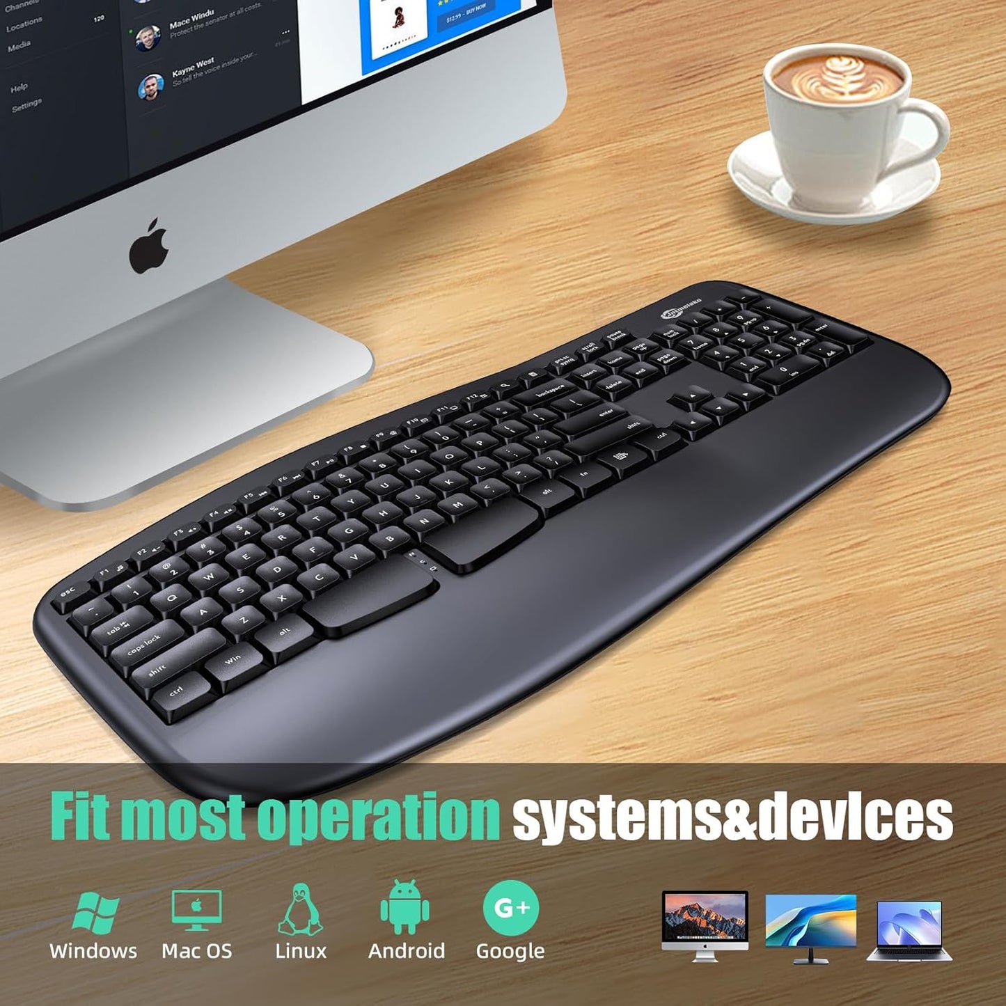 Wireless Keyboard, Ergonomic Keyboard with Wrist Rest, 2.4G Full Size Keyboard for Windows, MacOS, Desktops/Laptops