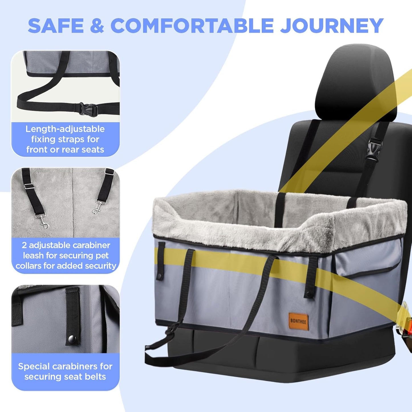 Dog Car Booster Seat,Medium or 2 Small Dogs Car Seat for Back Seats with 2 Clip-On Safety Leash,Adjustable Straps Puppy Car Seat,Perfect for Pets Up to 45lbs(Grey)