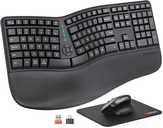 MEETION Ergonomic Wireless Keyboard and Mouse, Ergo Keyboard with Vertical Mouse, Split Arch Keyboard with Cushioned Wrist Palm Rest, Natural Typing Rechargeable Full Size, Windows/Mac/Computer/Laptop
