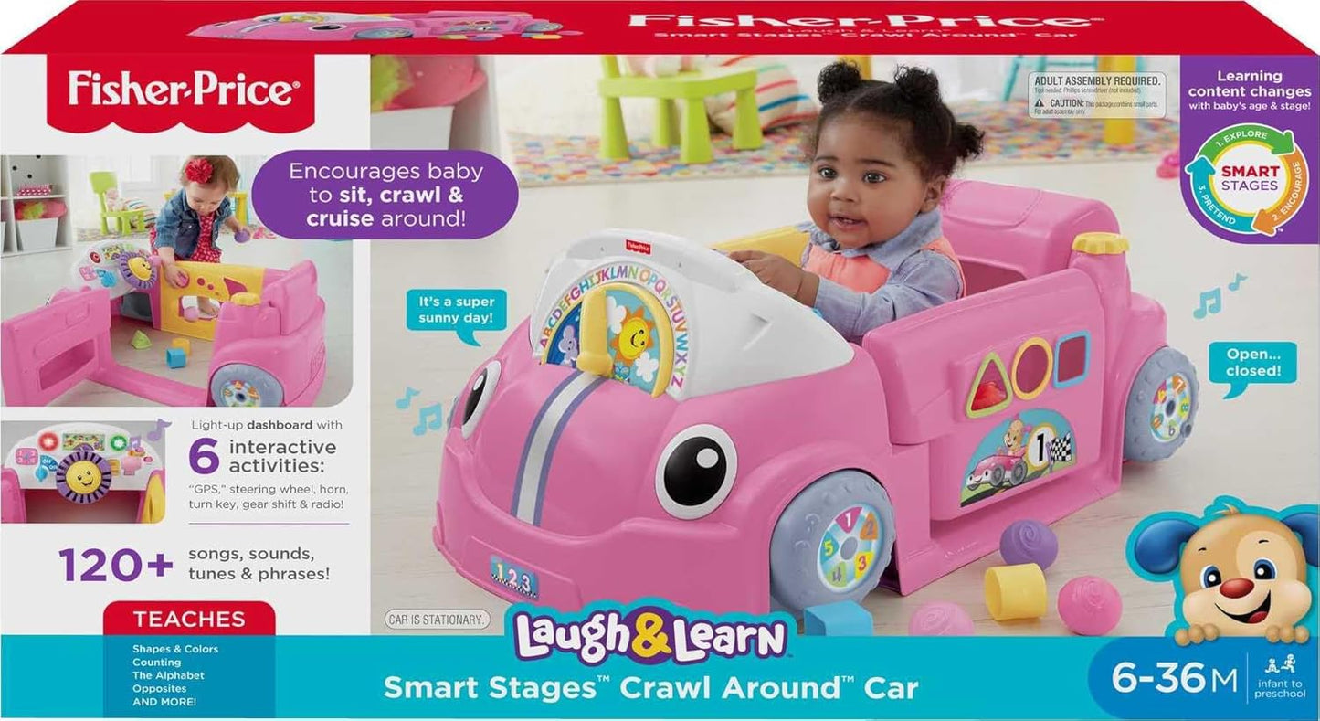 Fisher-Price Baby Learning Toy Laugh & Learn Crawl Around Car Activity Center with Smart Stages for Infants Ages 6+ Months, Pink