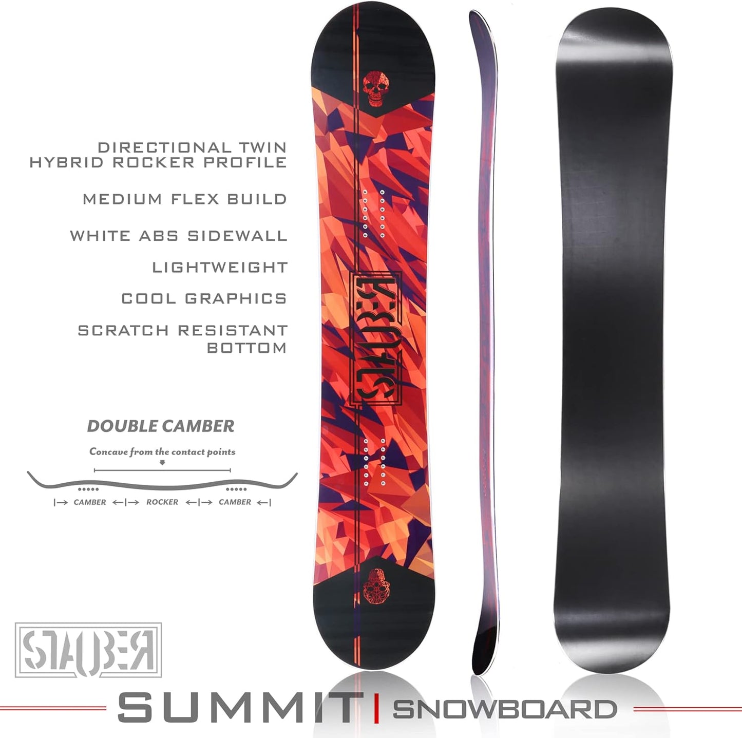 STAUBER Summit Snowboard & Binding Package Size 148 - Best All-Terrain, Twin Directional, Hybrid Profile Snowboard & Bindings for All Levels