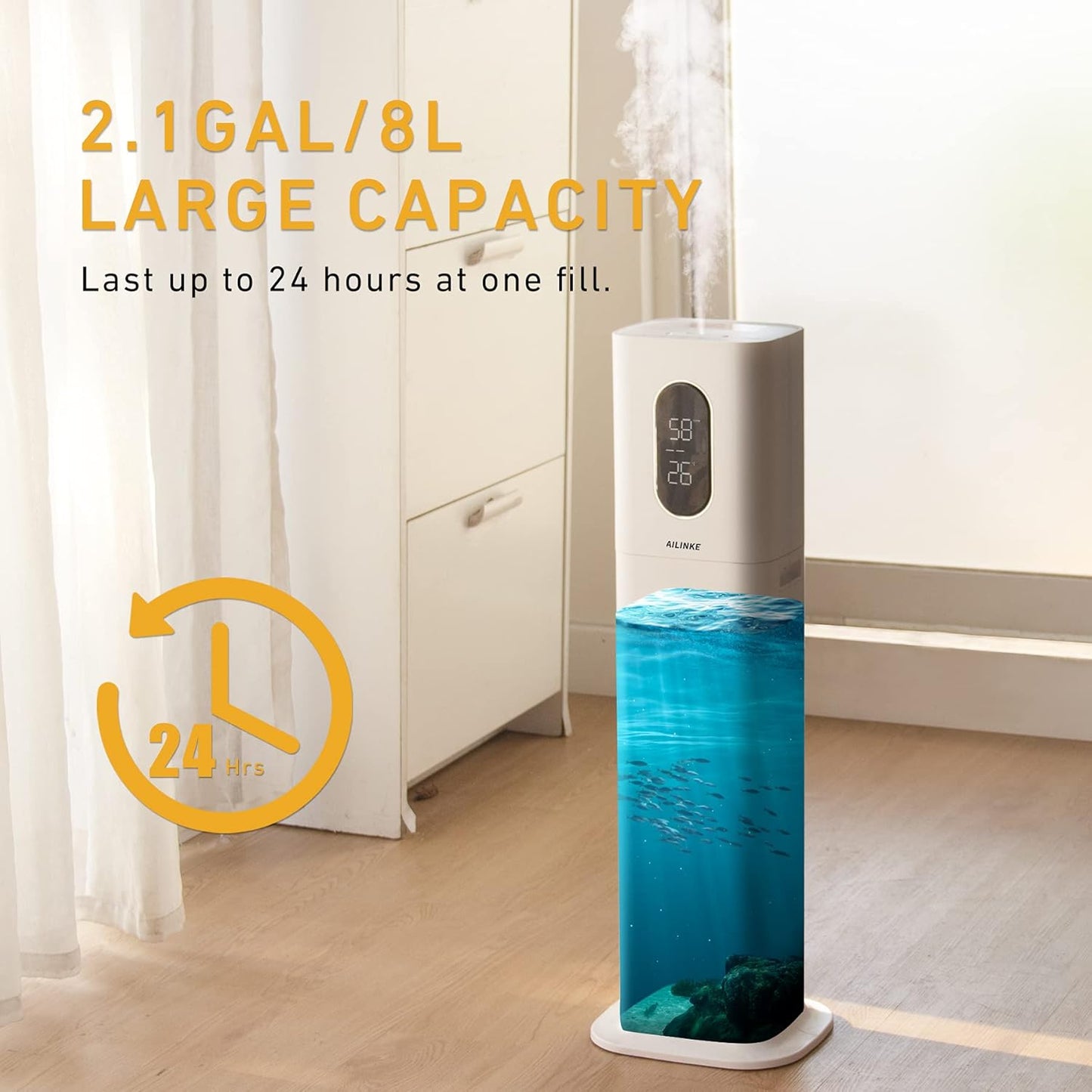 Humidifiers for Bedroom Large Room AILINKE 2.1Gal8L Humidifiers for Home Large Ultrasonic Top Fill Humidifier with 3 Speed Humidistat for Baby Kids Adults Yoga Sleep
