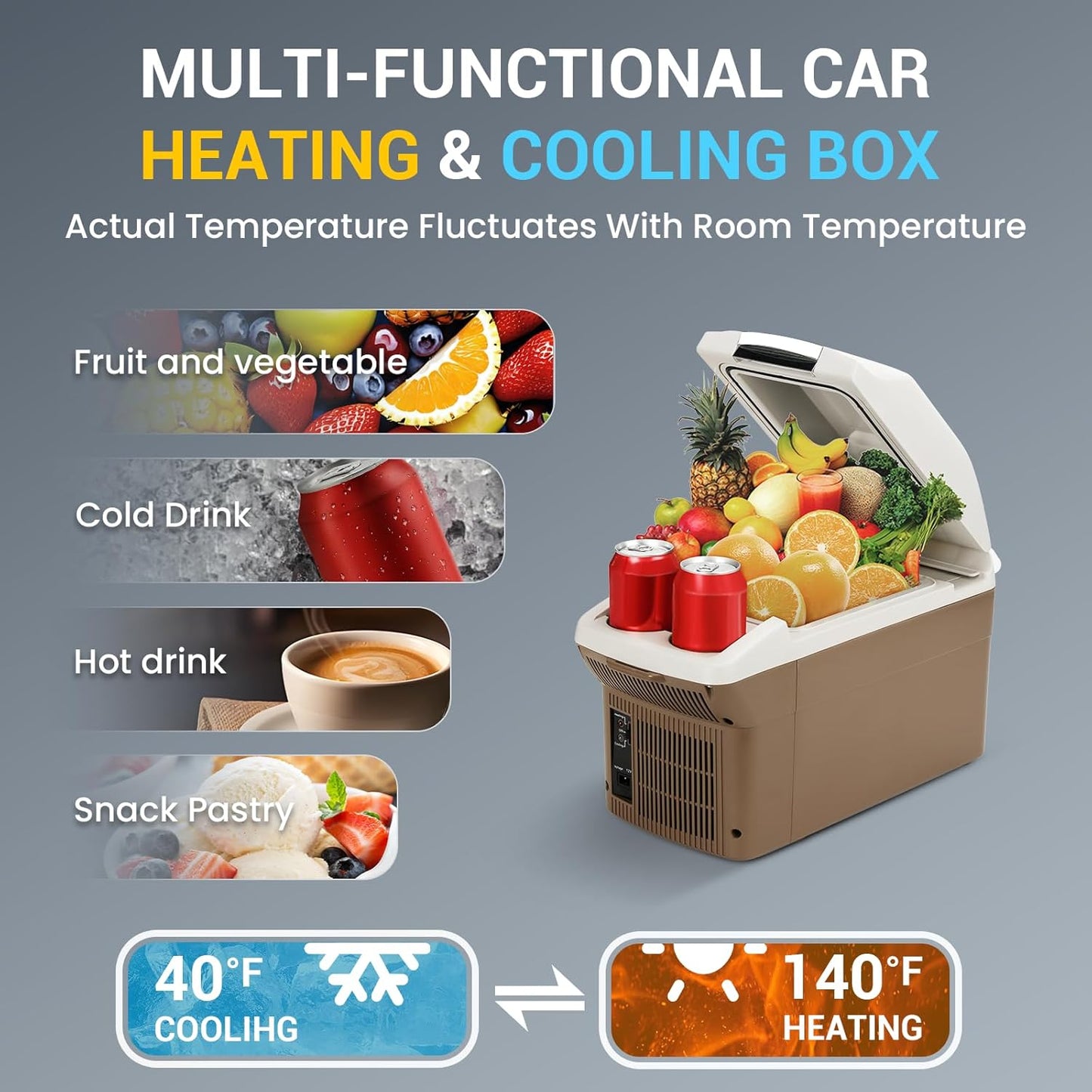 12V Car Refrigerator Cooler/Warmer 8 Quart (9L) Car Fridge Portable Cooler 40~140℉,12 V110V-220V, Electric Compact Camping Cooler Thermoelectric 12V Small Fridge for Car,RV,Camping (Brown)