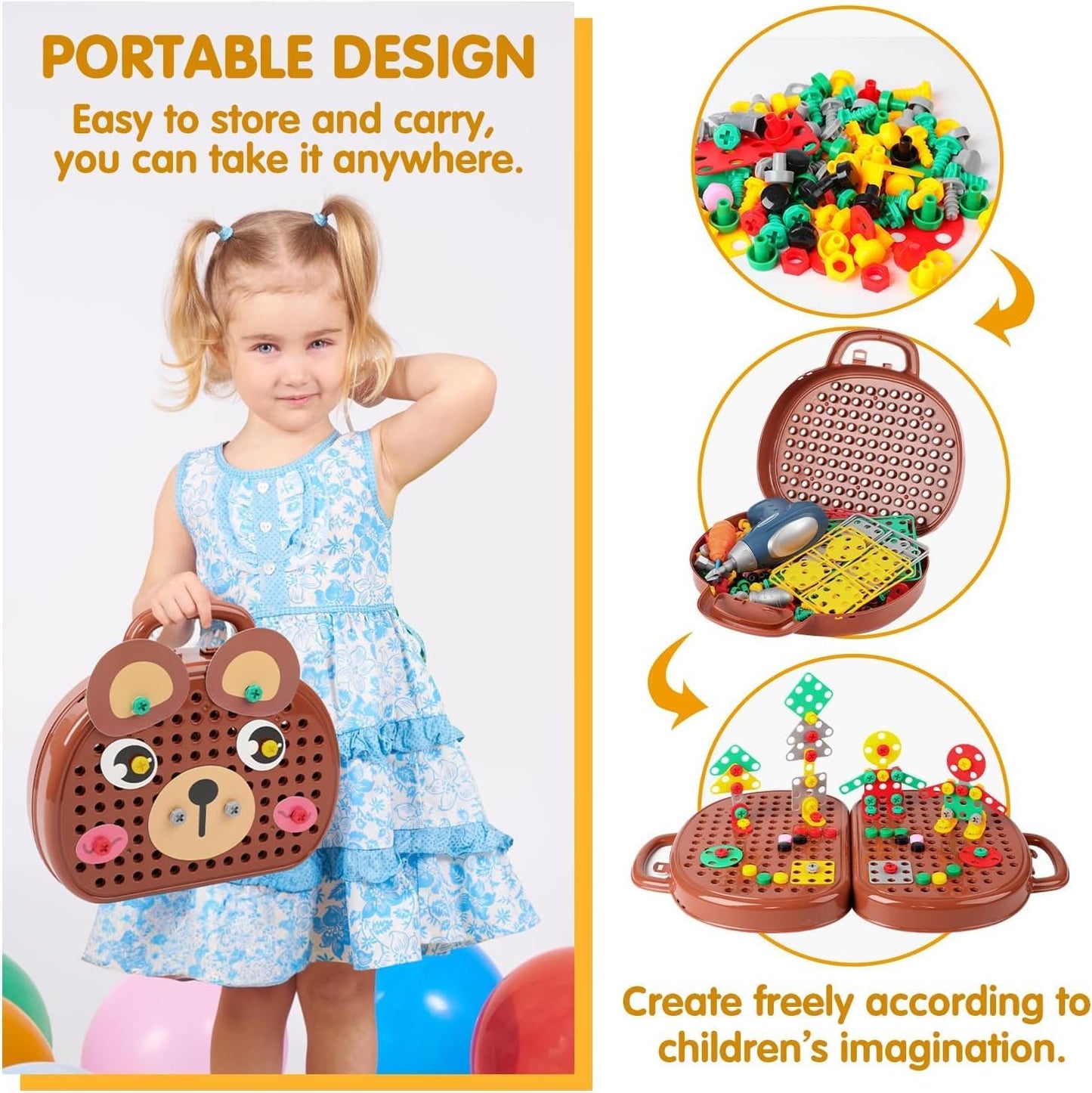 Magic Montessori Play Toolbox with Drill, 203Pcs Magic Montessori Play Toolbox Bear-Themed, 2D/3D Creativity Tool Box Montessori Toys Gift for Age 3-12 Years Old  Kids, Boys, Girls