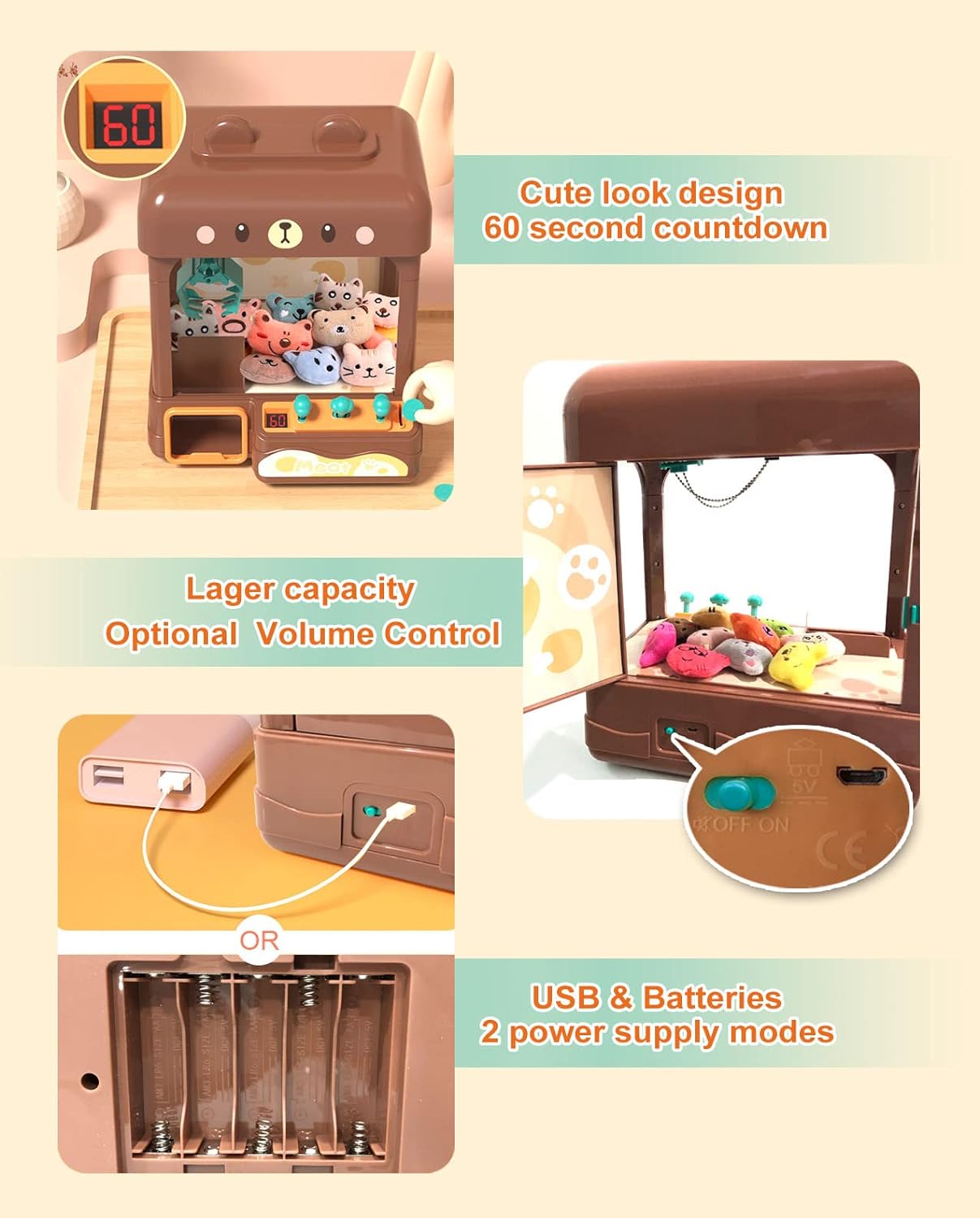 Large Claw Machine for Kids Adults with Prizes, Adjustable Sound & Light, 2 Power Modes, Mini Candy Crane Vending Machines, Electronic Arcade Game Dispenser Toy for Girls Boys Gift - Bear