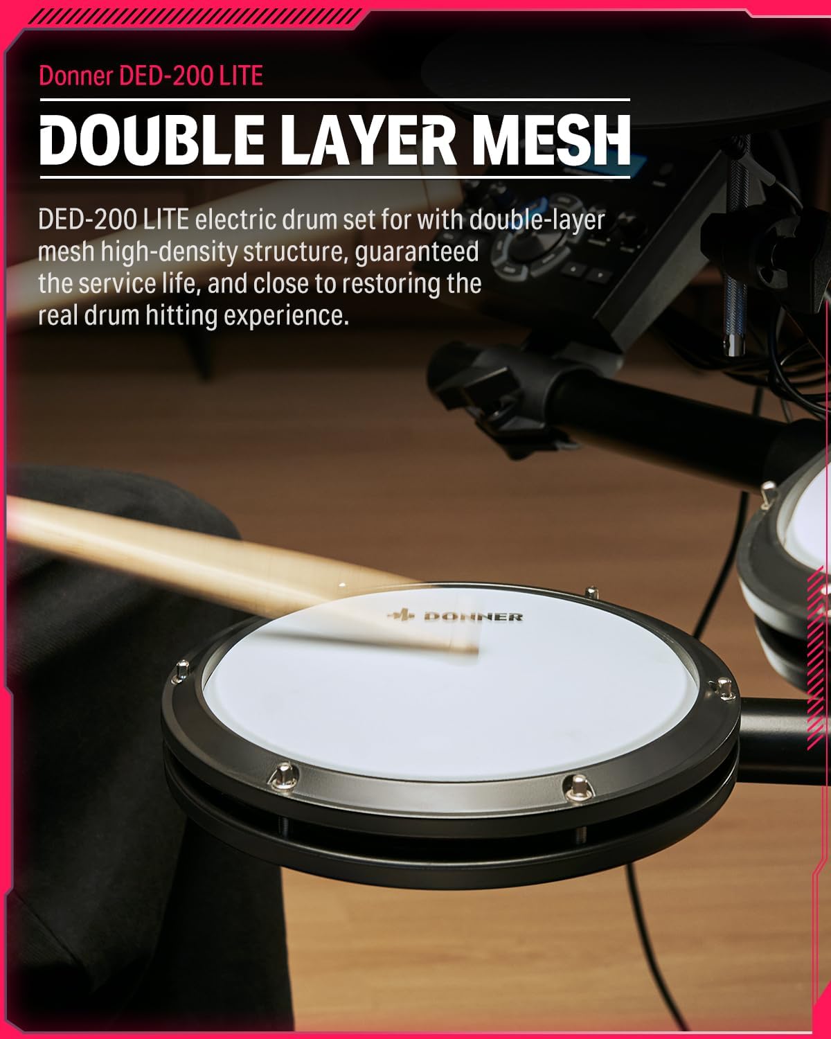 Electric Drums Donner DED-200 LITE Electronic Drum Kit for Beginner with 450 Sounds USB MIDI Quiet Mesh Pads Throne Headphones Sticks and 40 Melodics Lessons