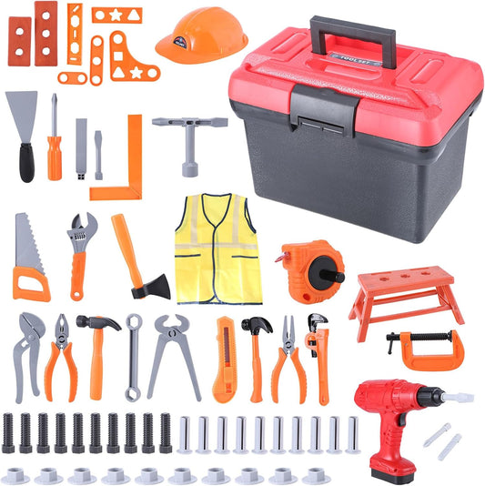 Kids Tool Set, 70 pcs Toddler Tool Set with Tool Box and Electronic Toy Drill, Pretend Play Kids Construction Kits with Clothes and Safety Hat,Toy Tool Box for Kids Boy Girl Age 3-8