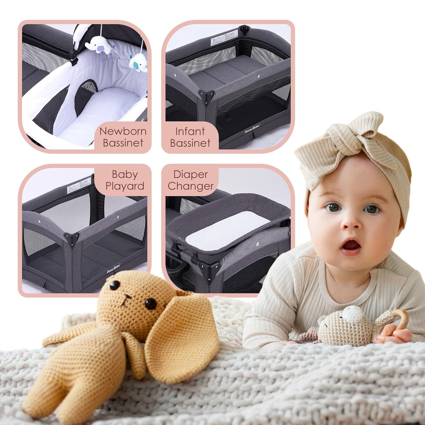 Pamo Babe Deluxe Nursery Center Foldable Playard for Baby & Toddler Bassinet Mattress Changing Table for Newborn(Black)