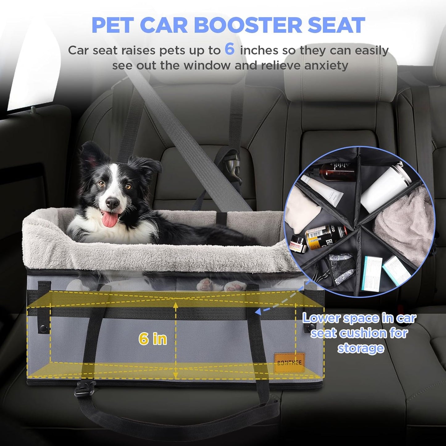 Dog Car Booster Seat,Medium or 2 Small Dogs Car Seat for Back Seats with 2 Clip-On Safety Leash,Adjustable Straps Puppy Car Seat,Perfect for Pets Up to 45lbs(Grey)