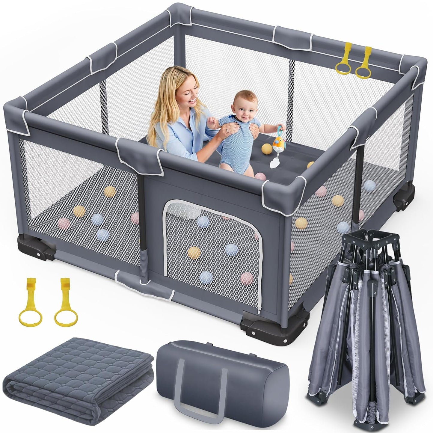 OPEN BOX Jixrolyn Foldable Baby Playpen with Mat, 50"x50" Folding Playpen for Babies and Toddlers, Sturdy Safety Play Yard with Gate, Portable Kid's Play Pen with Bag