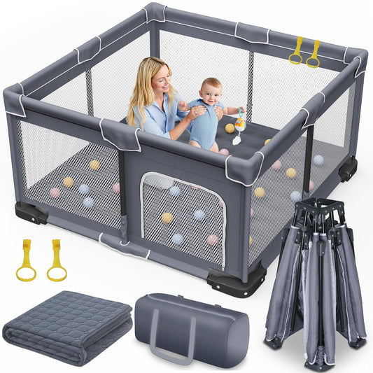 OPEN BOX Jixrolyn Foldable Baby Playpen with Mat, 50"x50" Folding Playpen for Babies and Toddlers, Sturdy Safety Play Yard with Gate, Portable Kid's Play Pen with Bag